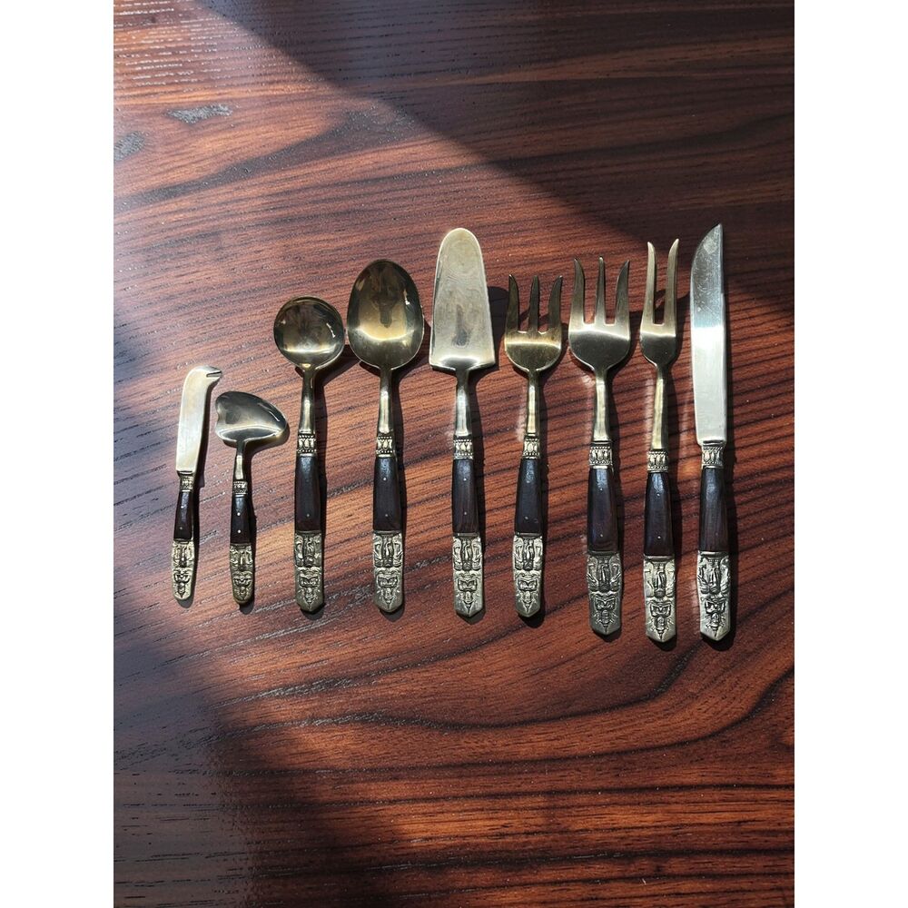 9-Piece Serving Set Mid-Century Bronze Rosewood Buddha Thailand Siam Vintage